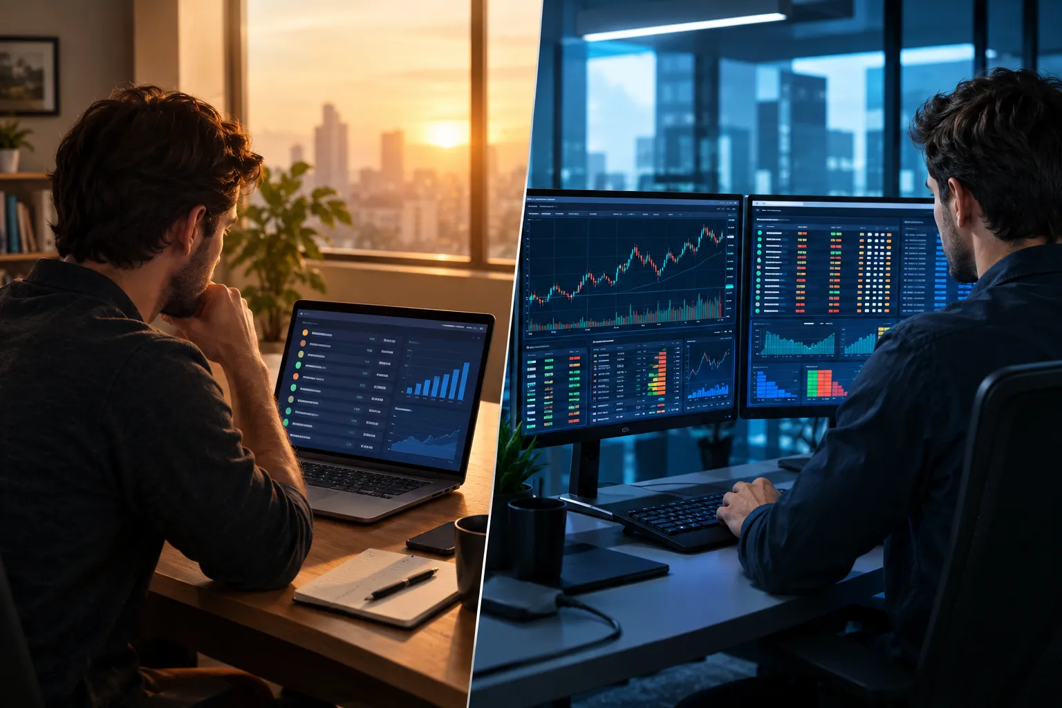 A trader reviewing screener results on a laptop next to a multi-monitor charting desk