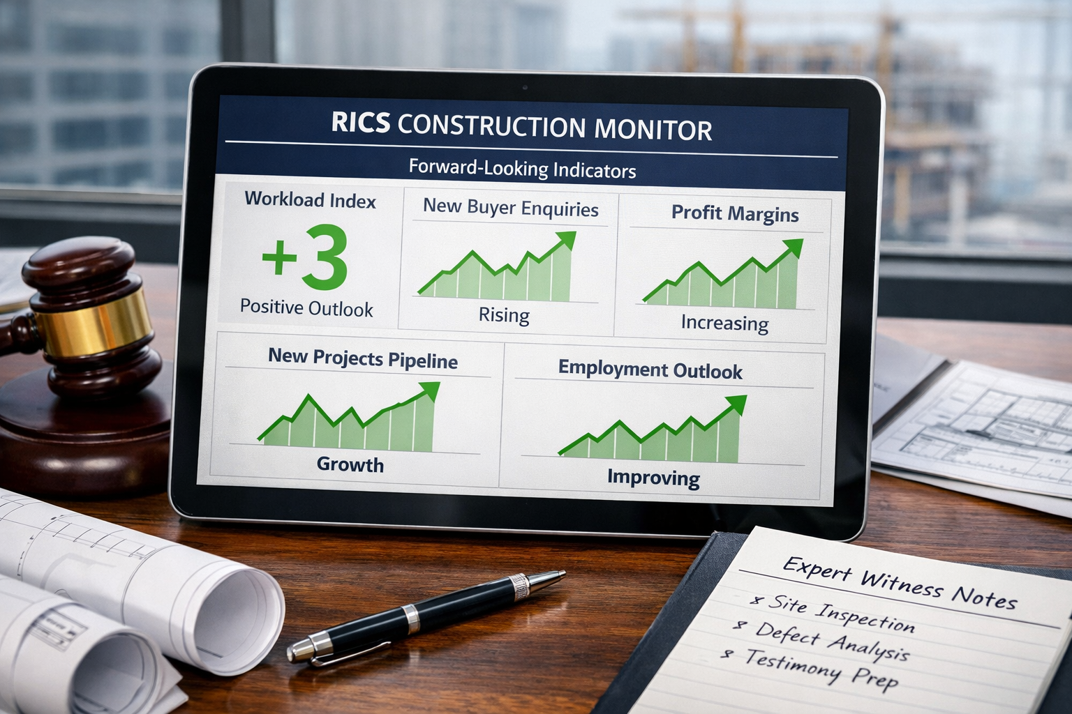 Detailed () image showing close-up of RICS Construction Monitor dashboard on modern tablet screen displaying forward-looking