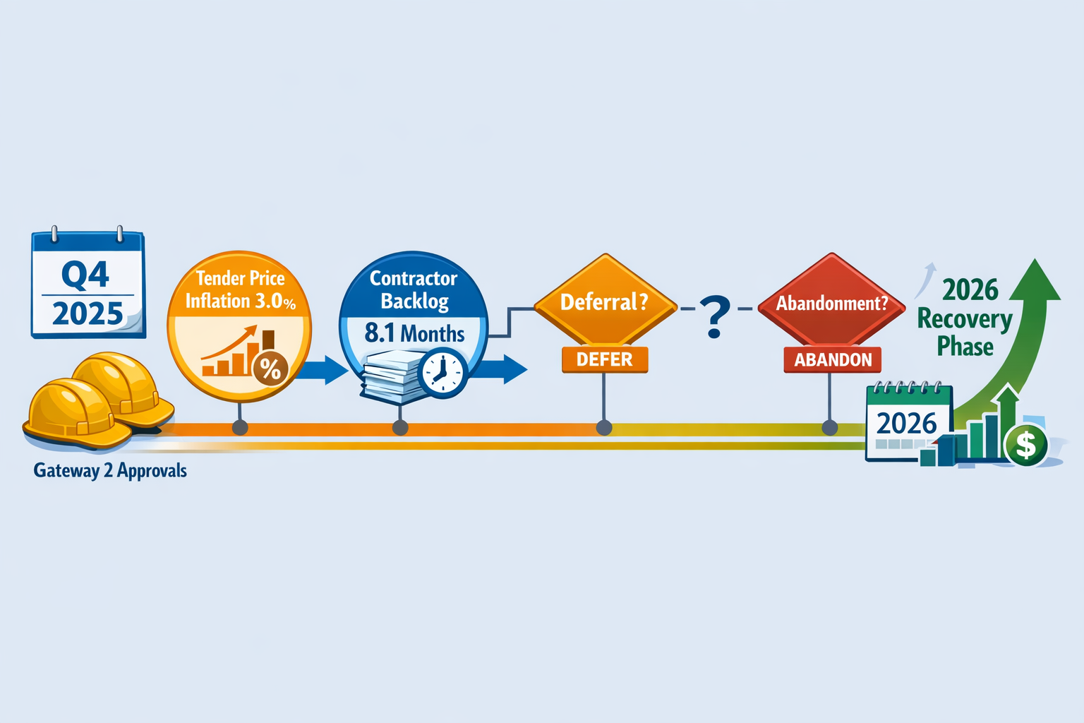 () conceptual illustration showing timeline visualization of construction project lifecycle from Q4 2025 to 2026 recovery