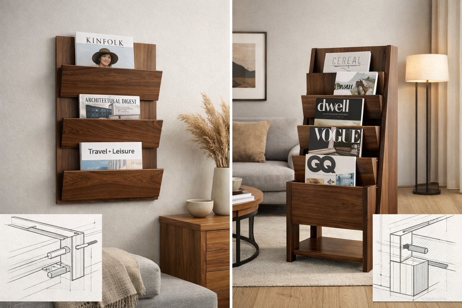 Detailed landscape format (1536x1024) image showcasing a comparison between a wall-mounted magazine rack and a freestanding design, both cra
