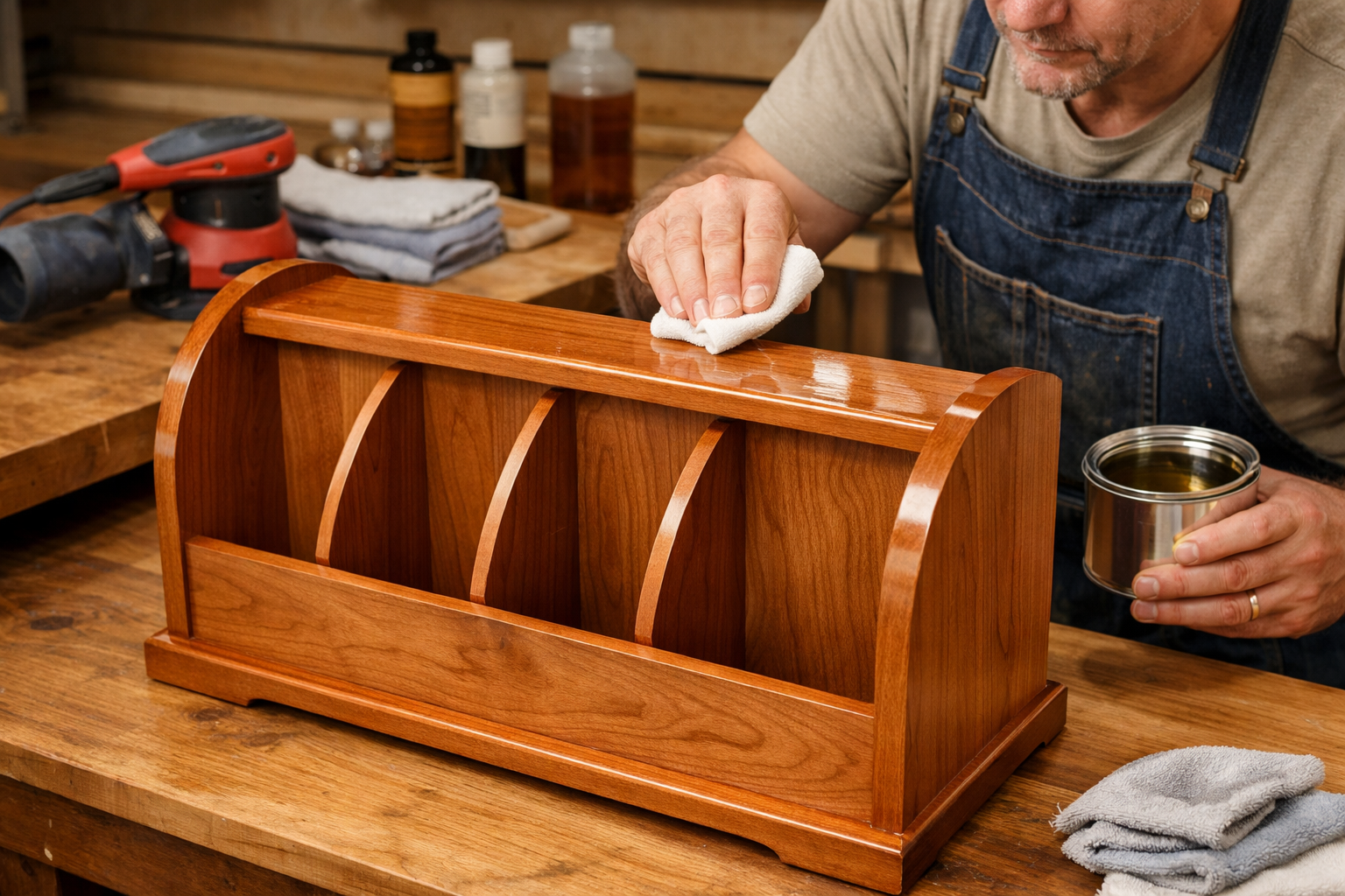 Detailed landscape format (1536x1024) image of a skilled woodworker applying a final, clear-coat finish to a newly built magazine rack made