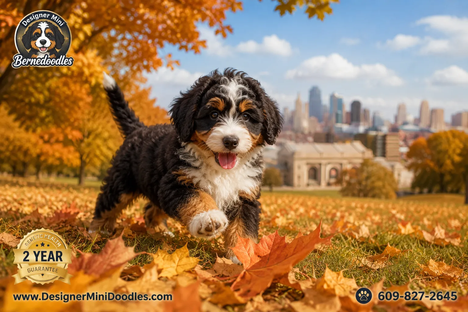 Editorial landscape photograph () of a fluffy tricolor mini bernedoodle puppy playing in a Kansas City park with autumn
