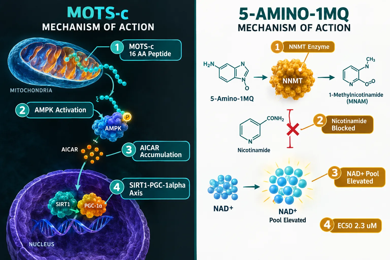 MOTS-c and 5-Amino-1MQ: Mechanisms Within a Nutrient-Controlled Framework