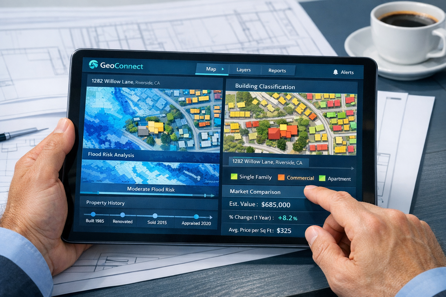 Detailed () image showing close-up of digital tablet displaying GeoConnect interface with multiple data layers visible: