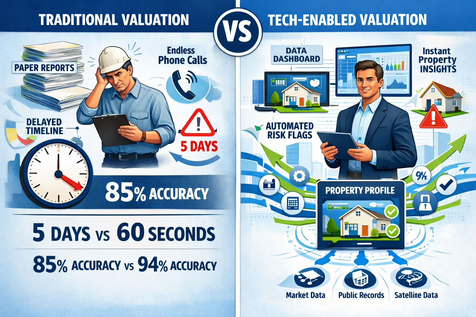 Detailed () image depicting comparison infographic showing traditional valuation workflow versus technology-enhanced