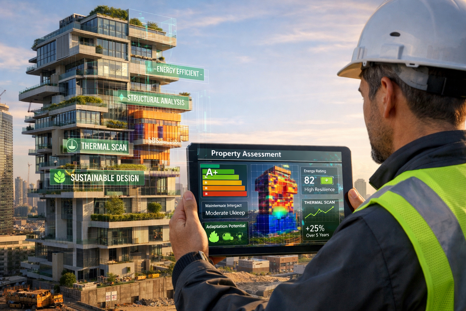 Detailed () image showing futuristic property assessment scene with surveyor using advanced technology at non-standard