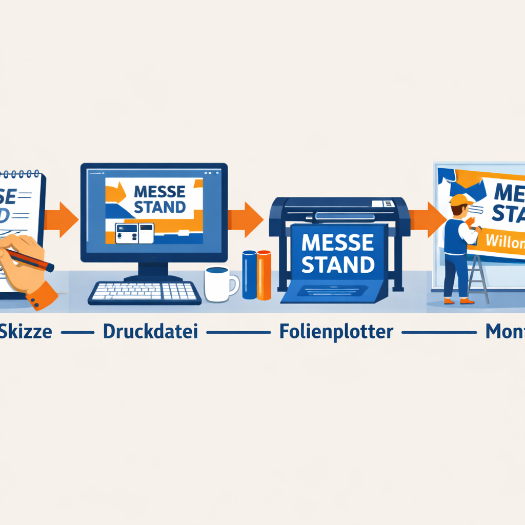 () step-by-step process visualization showing a Messebeschriftung production workflow from left to right: Konzept-Skizze on