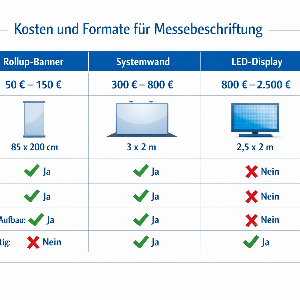 () side-by-side comparison table visualization showing Kosten und Formate for Messebeschriftung: a clean infographic with