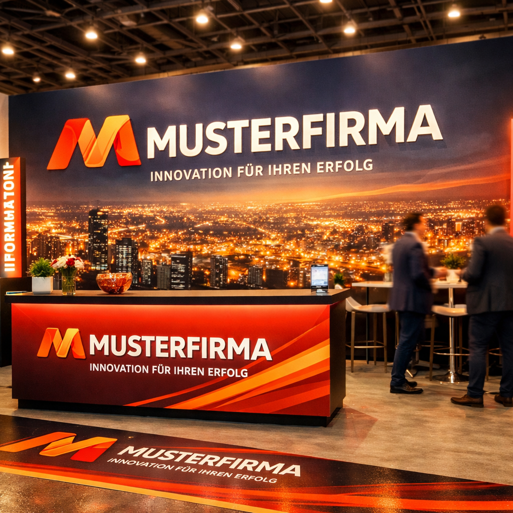 () dramatic wide-angle shot of a fully branded exhibition booth at a German trade fair, showcasing best-practice