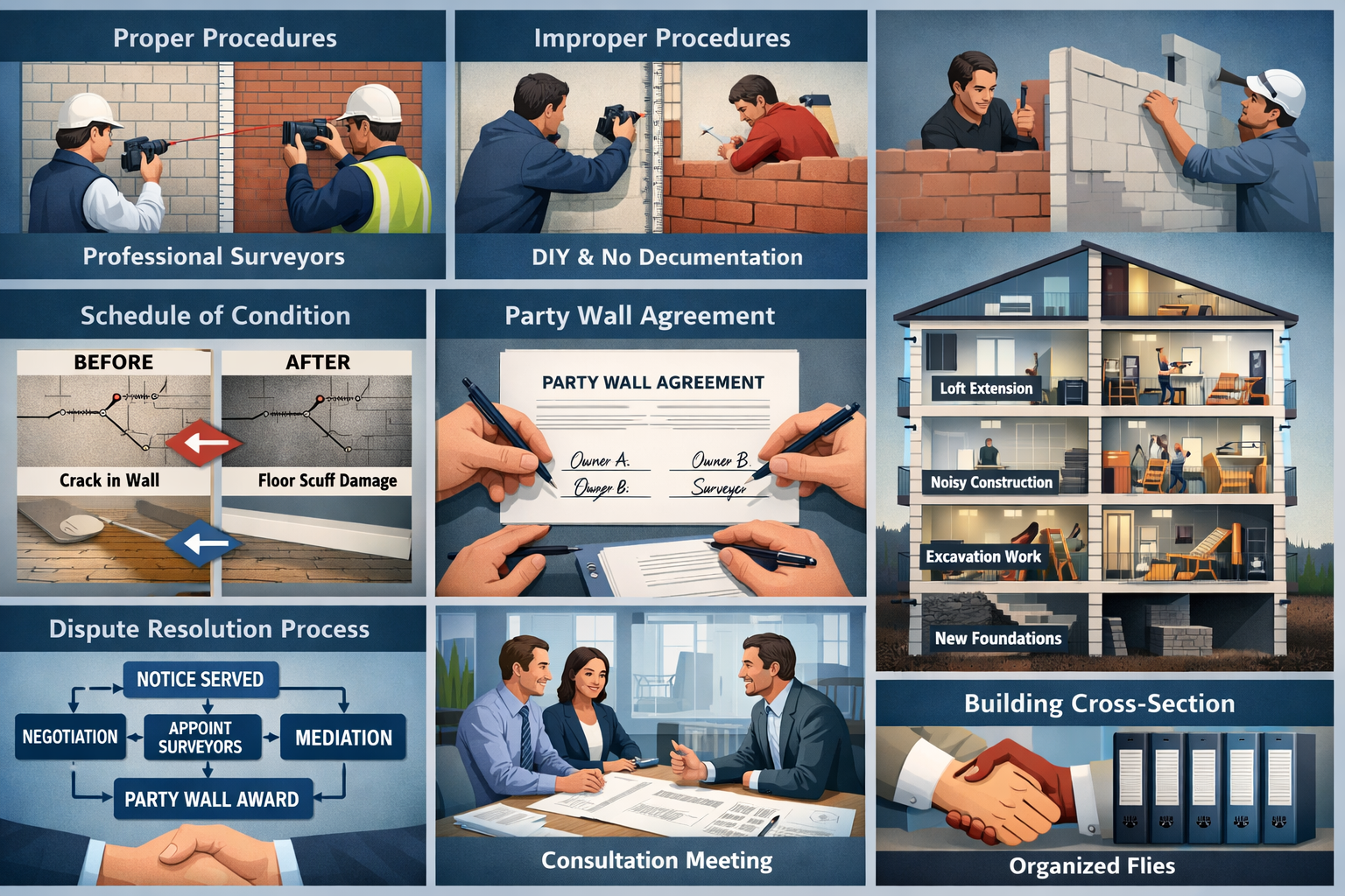 Comprehensive landscape format (1536x1024) visual representation of neighbor dispute prevention strategies showing split-screen comparison o