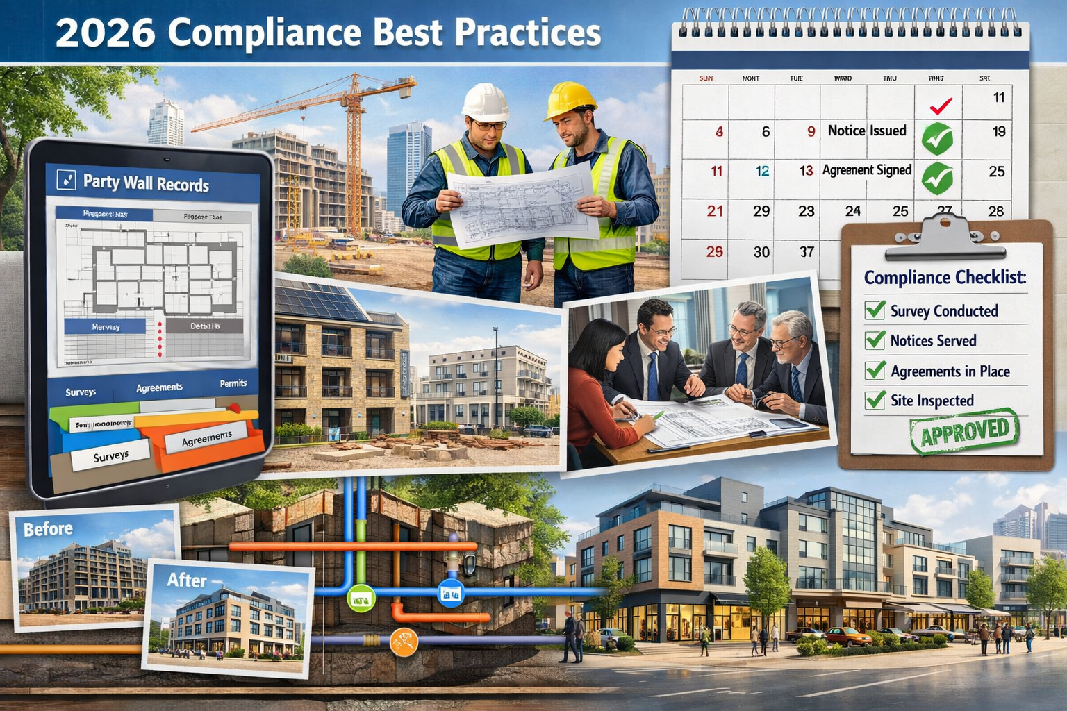 Detailed landscape format (1536x1024) image illustrating 2026 compliance best practices featuring modern digital documentation system with t