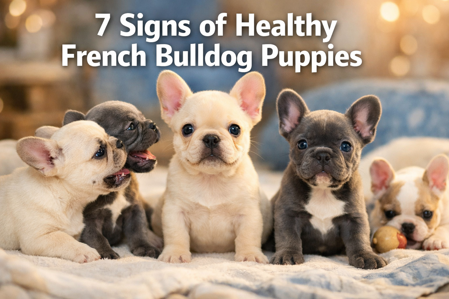 Professional landscape format (1536x1024) hero image featuring bold text overlay '7 Signs of Healthy French Bulldog Puppies' in extra large