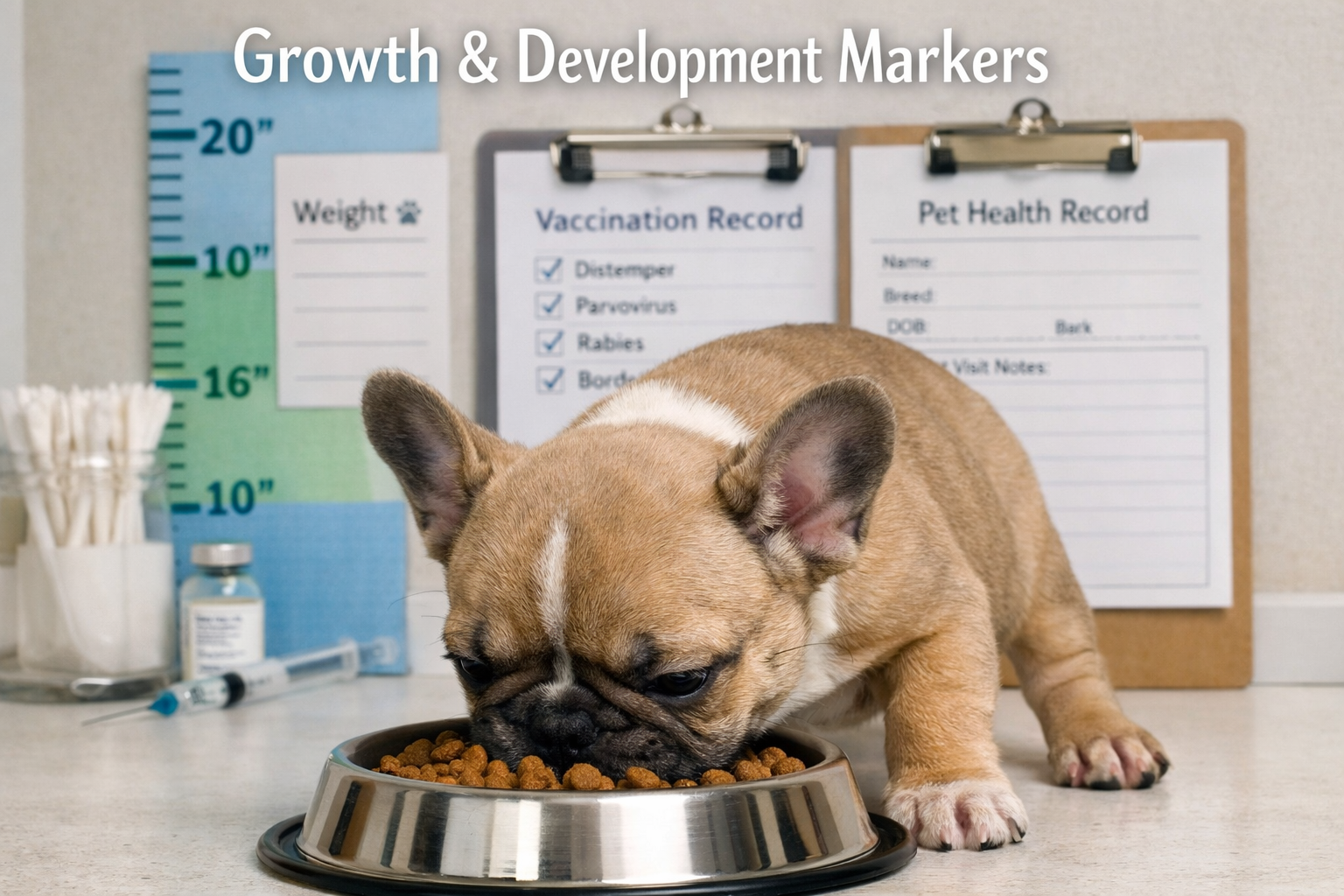 Portrait format (1024x1536) showing French Bulldog puppy during feeding time with high-quality puppy food in stainless steel bowl. Puppy dis