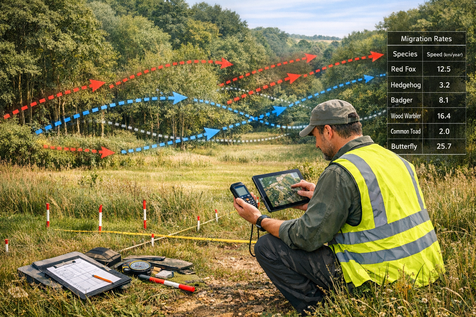 () detailed field scene showing professional ecologist in high-visibility vest using handheld GPS tracking device and tablet