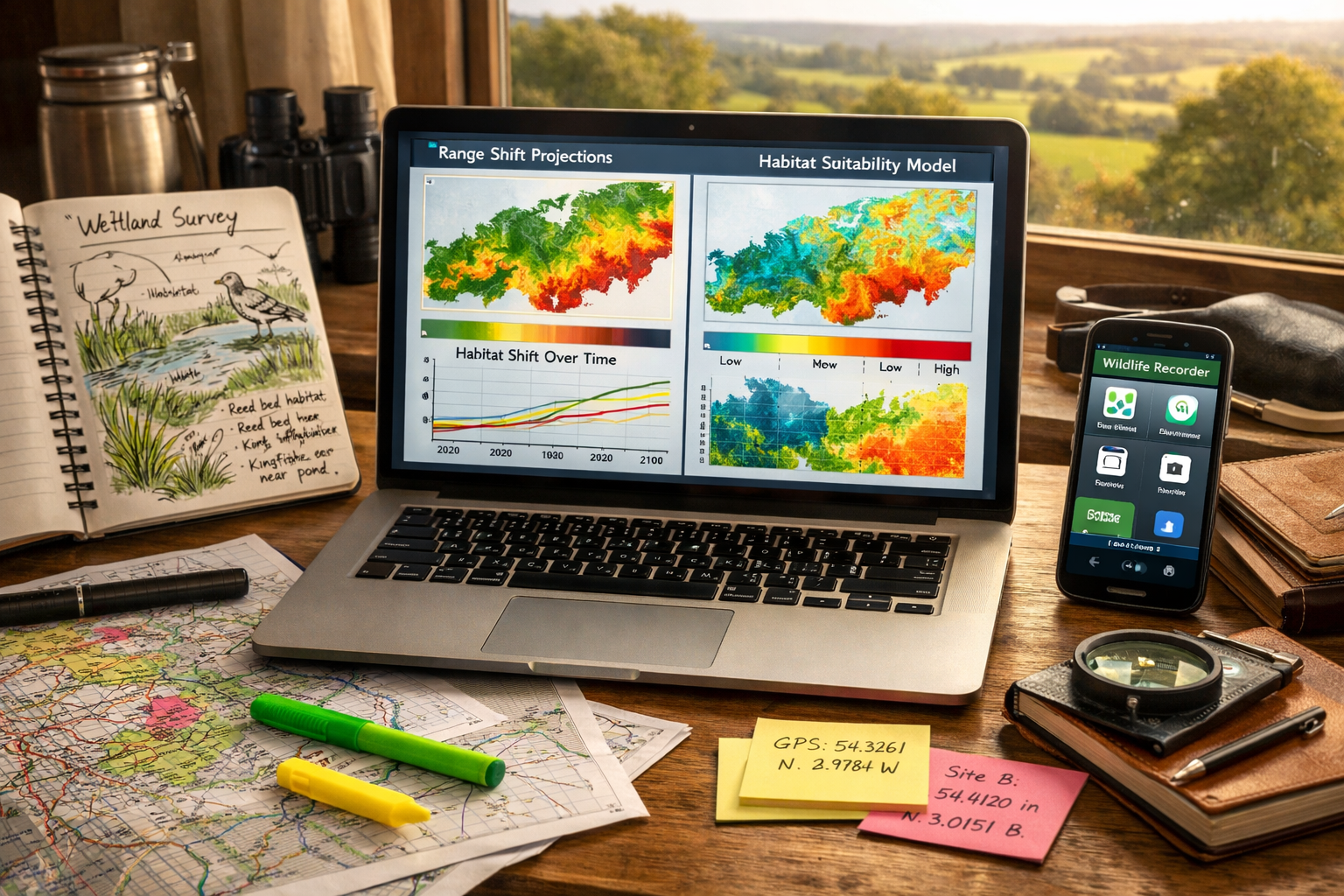 () close-up view of modern ecological survey workspace showing open laptop displaying predictive climate modeling software