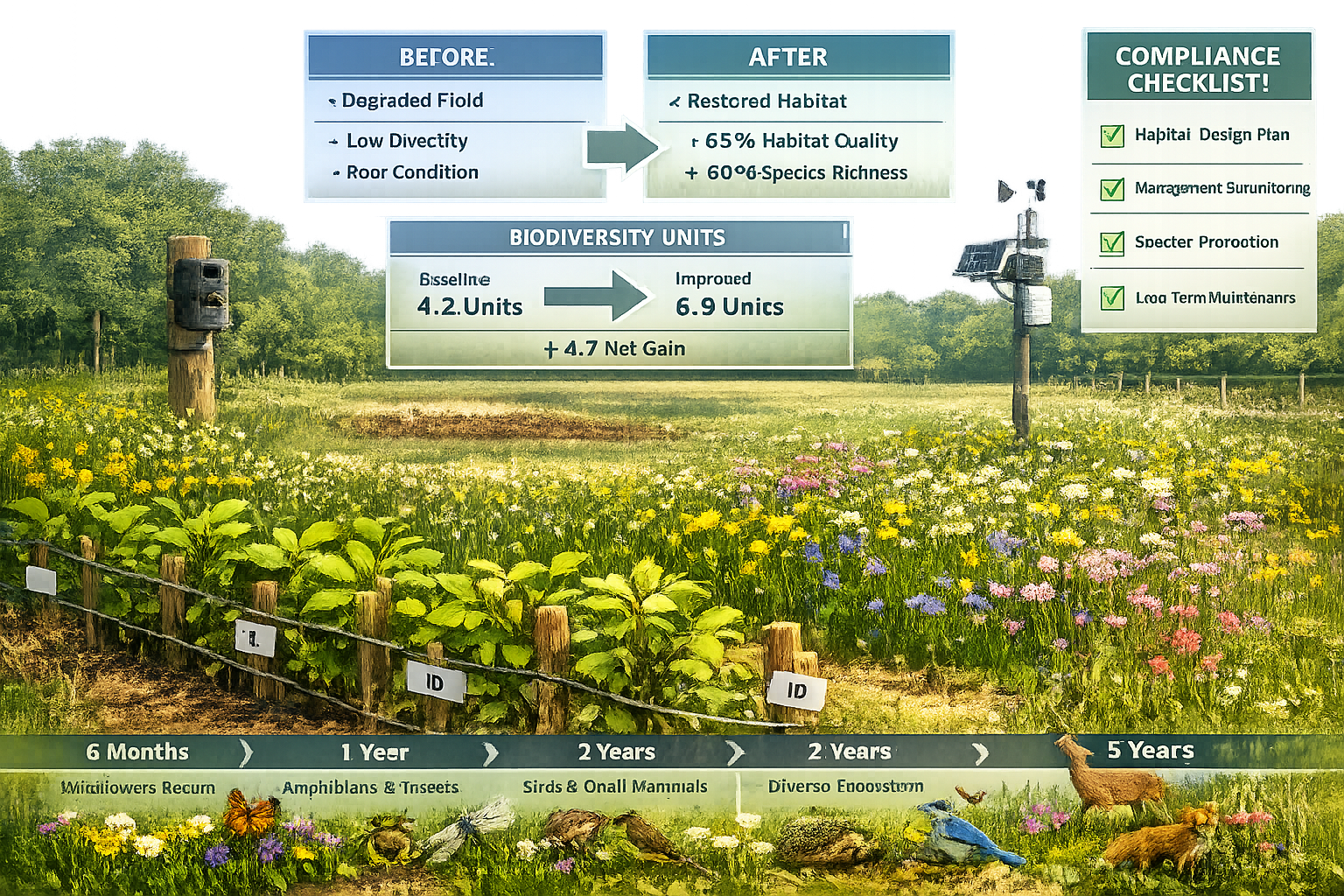 () wide-angle view of restored habitat site showing successful biodiversity net gain implementation with visible habitat