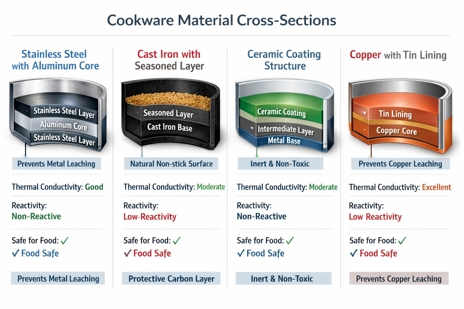 Detailed infographic illustration showing cookware material cross-sections in landscape format (1536x1024): stainless steel layers with alum