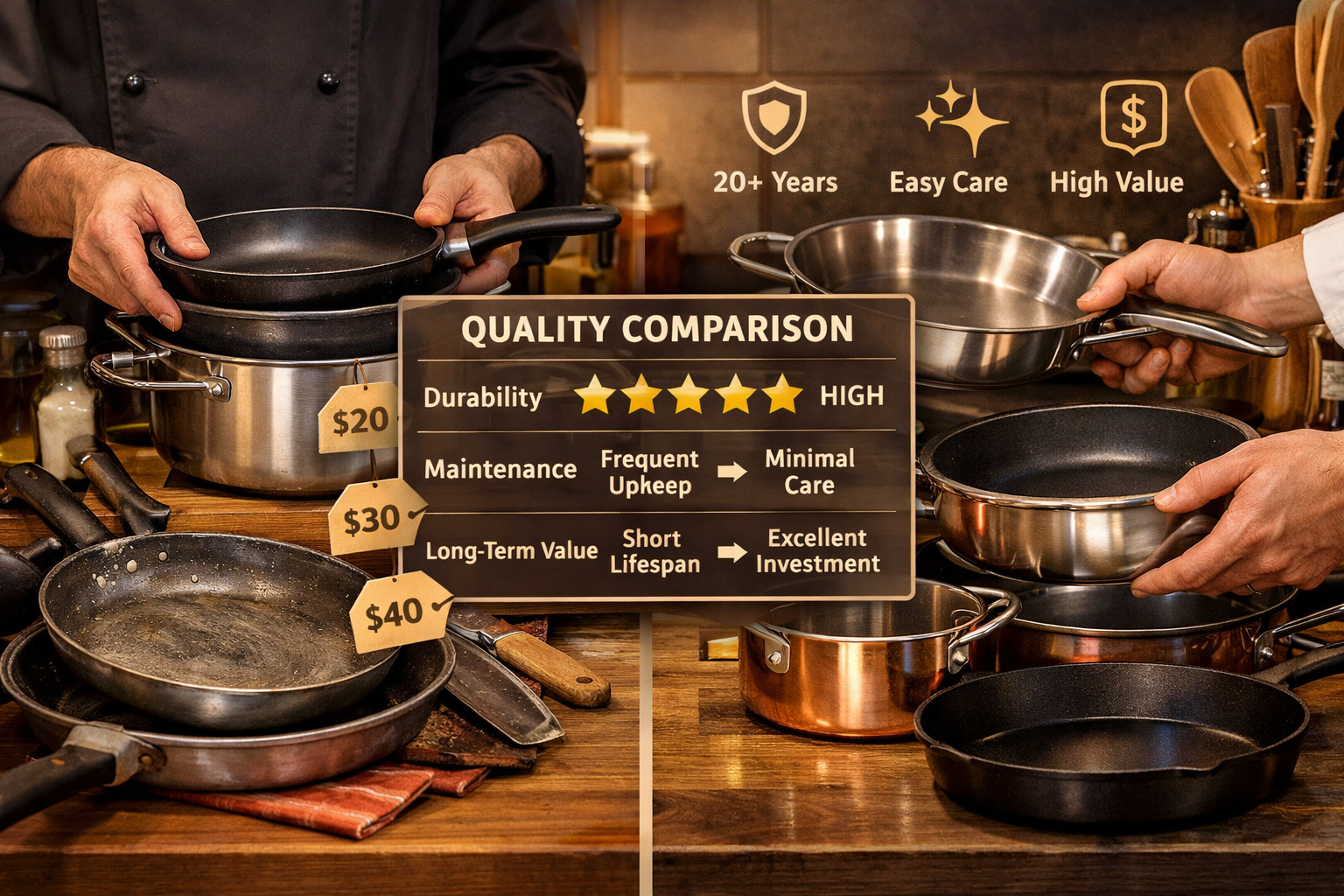 Comparative lifestyle photograph in landscape format (1536x1024) showing professional chef's hands selecting cookware in modern kitchen sett