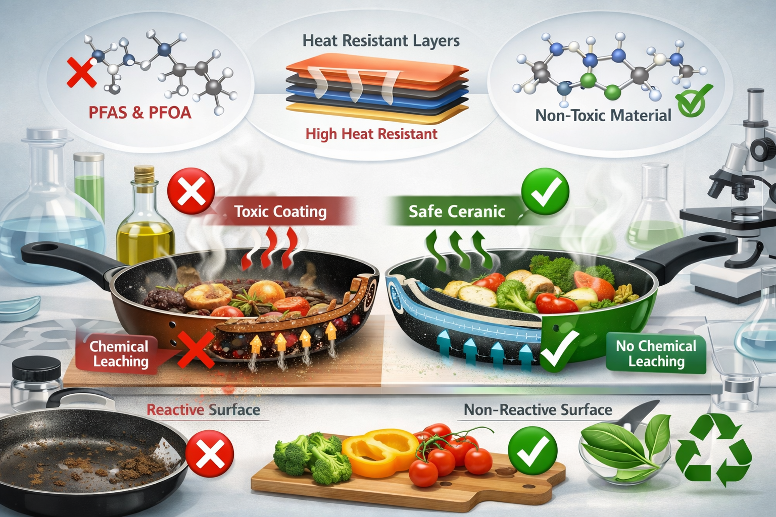 Health-focused conceptual illustration in landscape format (1536x1024) depicting safe cooking pans with scientific overlay showing non-toxic