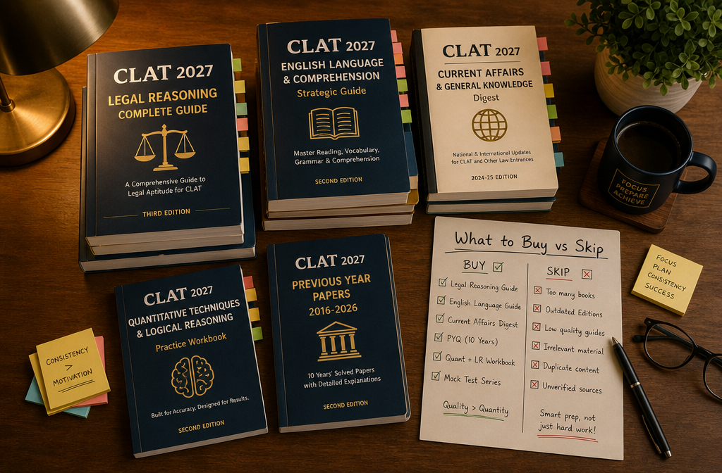 () flat-lay editorial image of curated CLAT 2027 book stack including legal reasoning guides, English comprehension books,