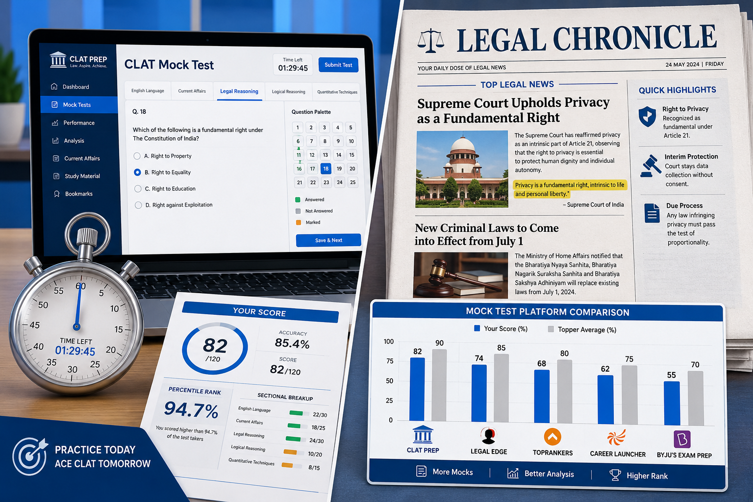 () split-screen infographic illustration showing a laptop screen with CLAT mock test interface on the left and a printed