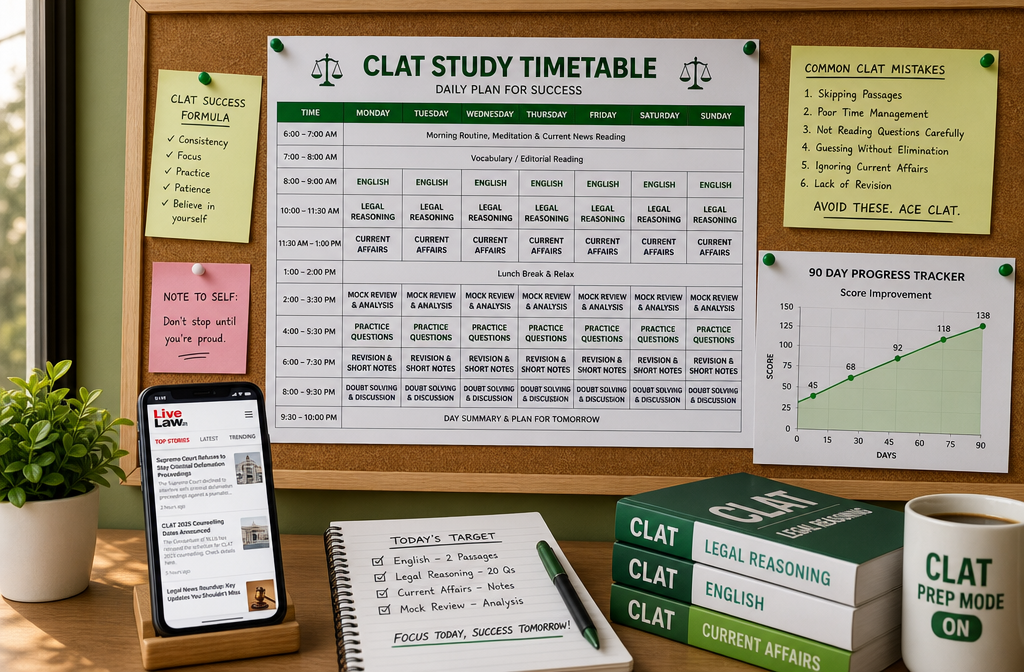 () editorial image of a student's structured daily study timetable pinned to a corkboard, showing time blocks for English,