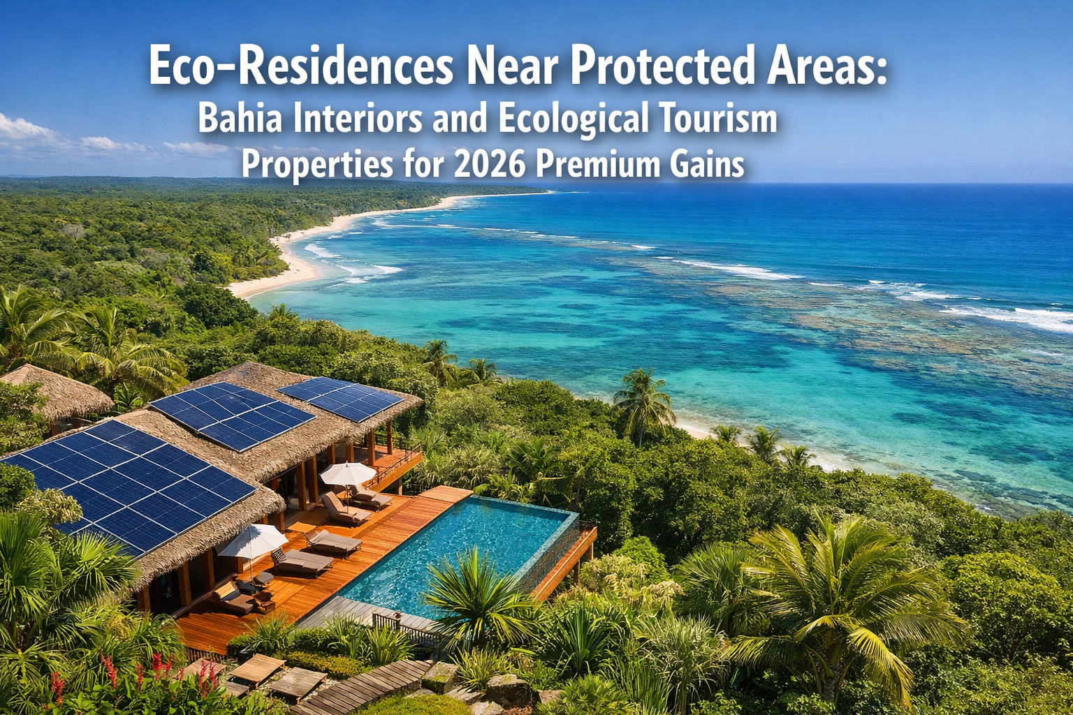 Professional landscape format (1536x1024) hero image featuring bold text overlay 'Eco-Residences Near Protected Areas: Bahia Interiors and E