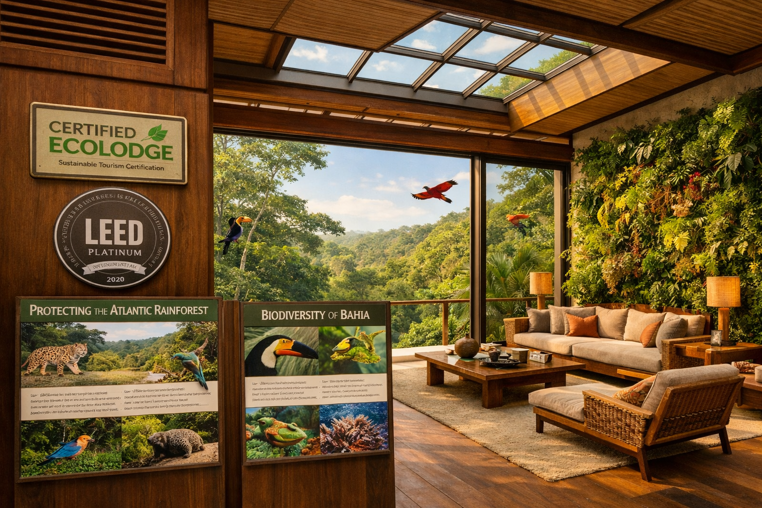Detailed landscape format (1536x1024) editorial photograph showing modern eco-residence interior in Bahia with floor-to-ceiling windows fram