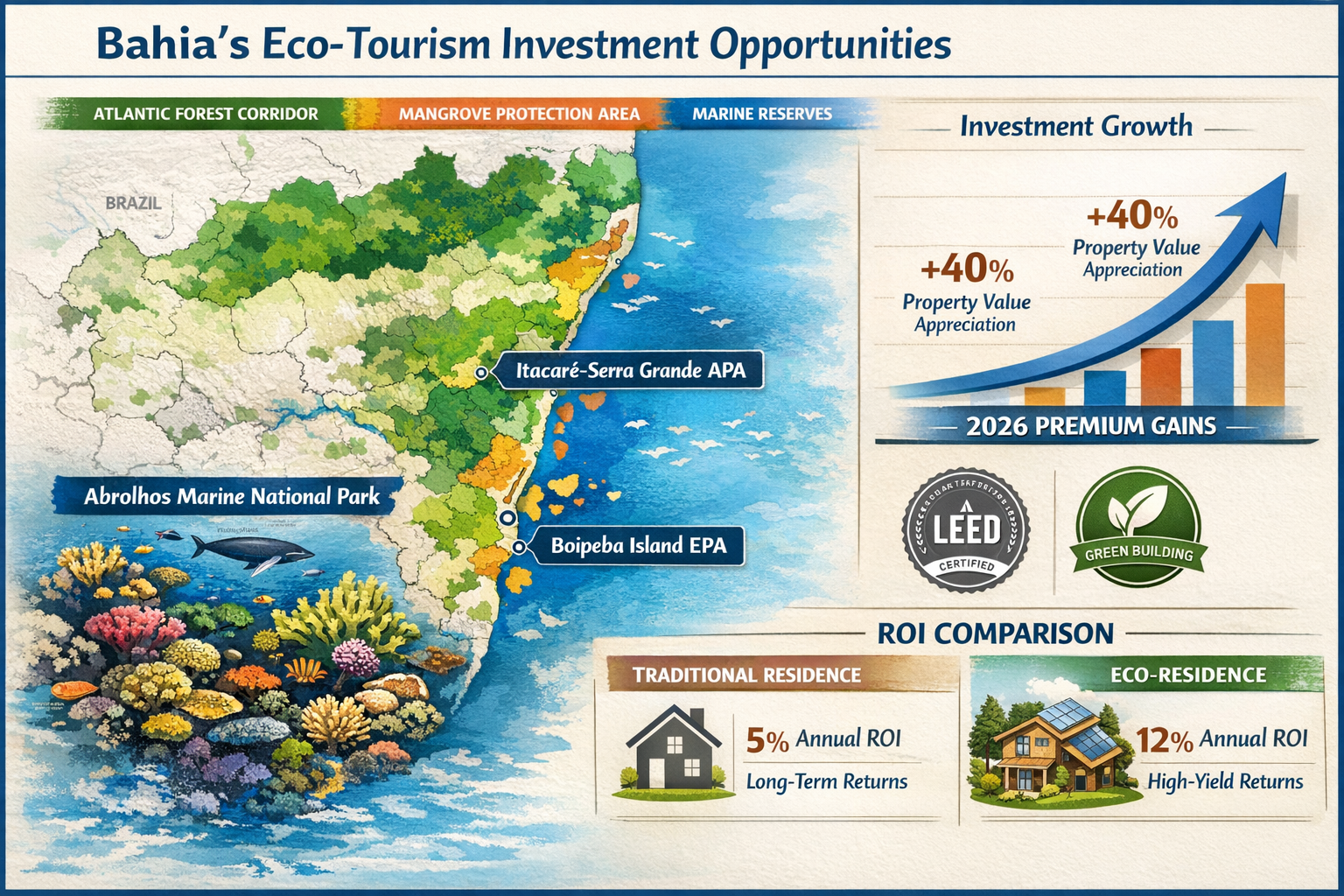 Professional landscape format (1536x1024) infographic-style composition displaying Bahia's protected areas map with highlighted eco-tourism