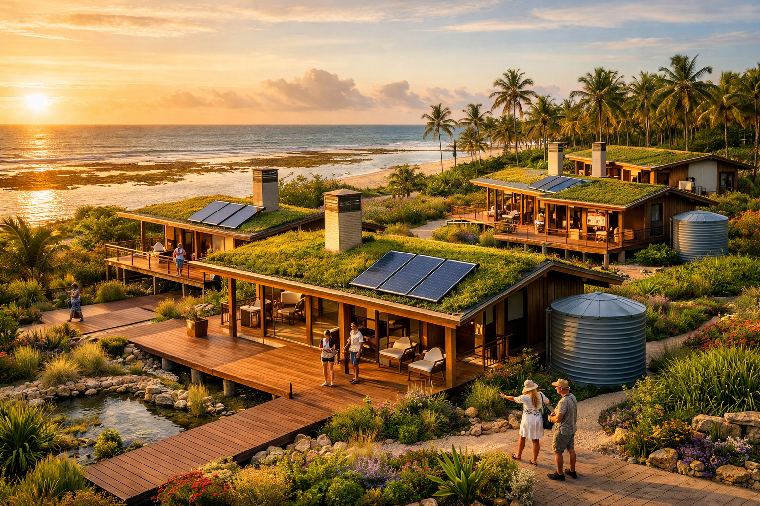 Stunning landscape format (1536x1024) photograph of luxury branded eco-residence development near Praia do Forte showing multiple bungalow-s