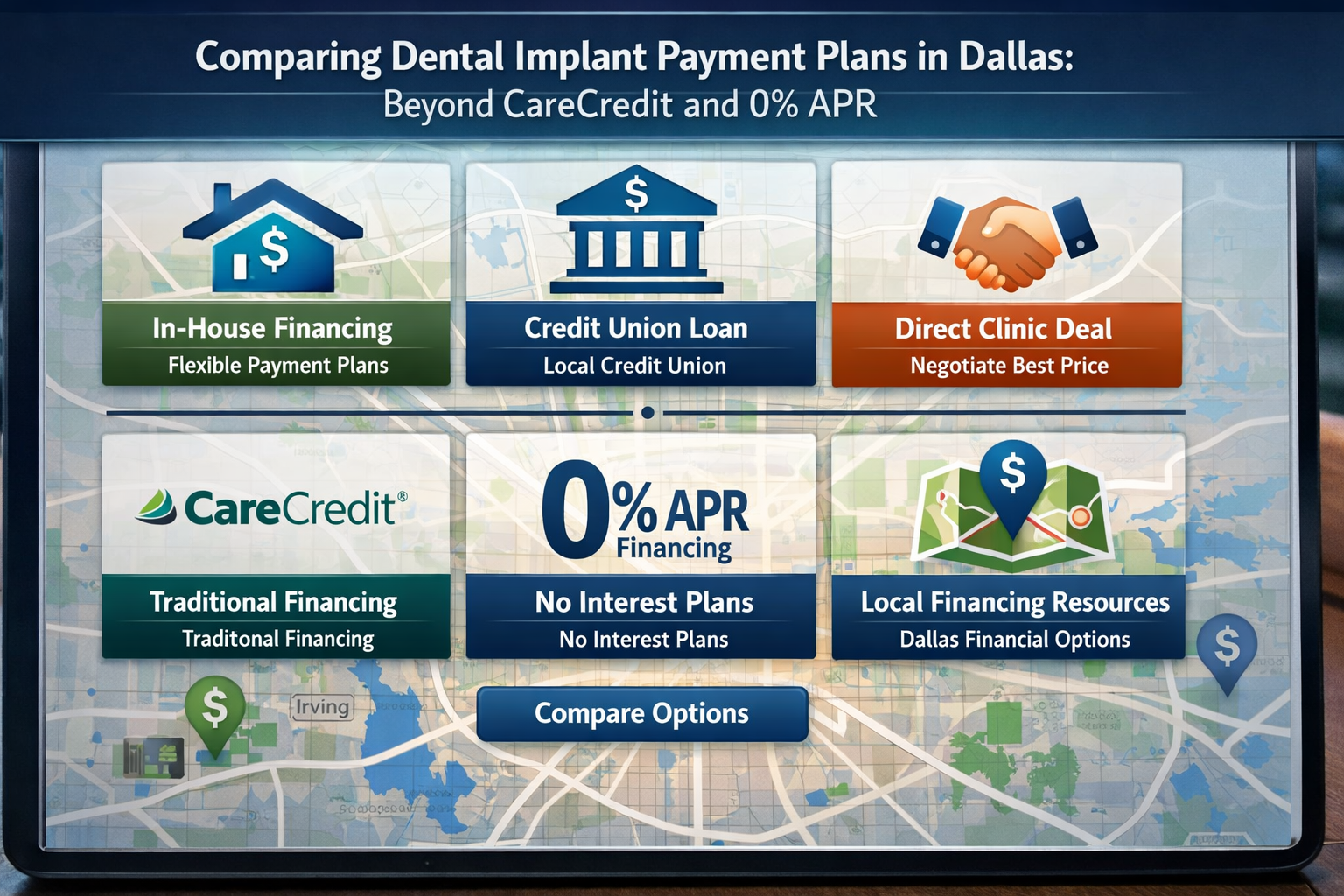 Detailed () image showing a digital dashboard or tablet interface with various payment plan options for dental implants. The