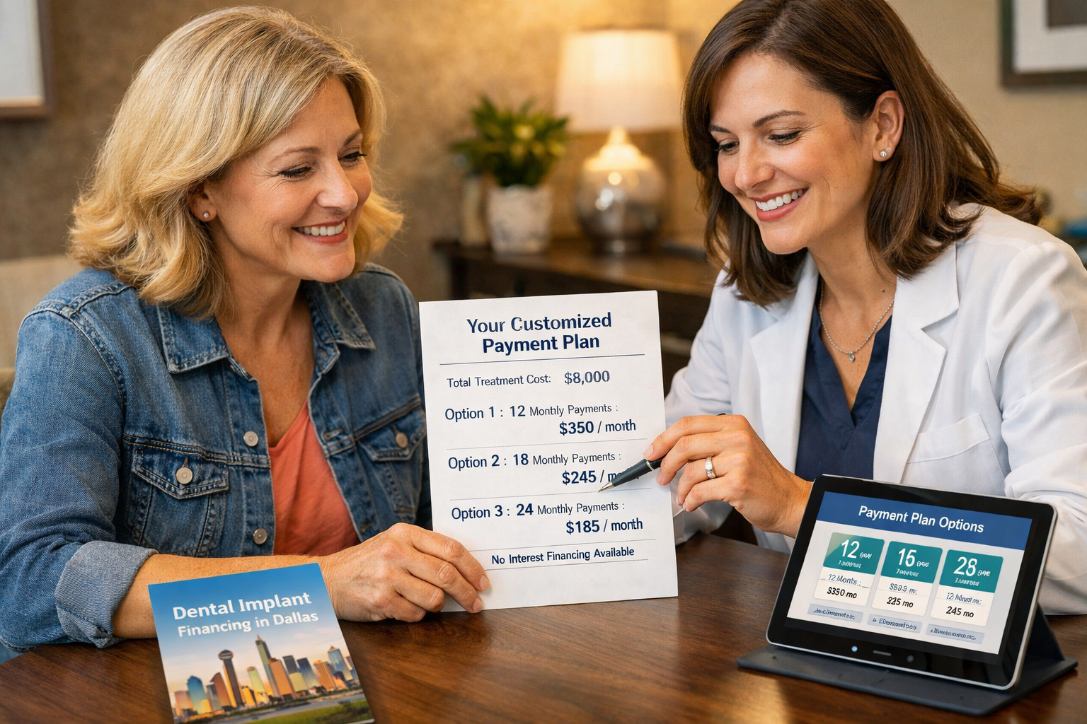 Detailed () image depicting a patient sitting comfortably with a dentist or financial coordinator, reviewing a personalized