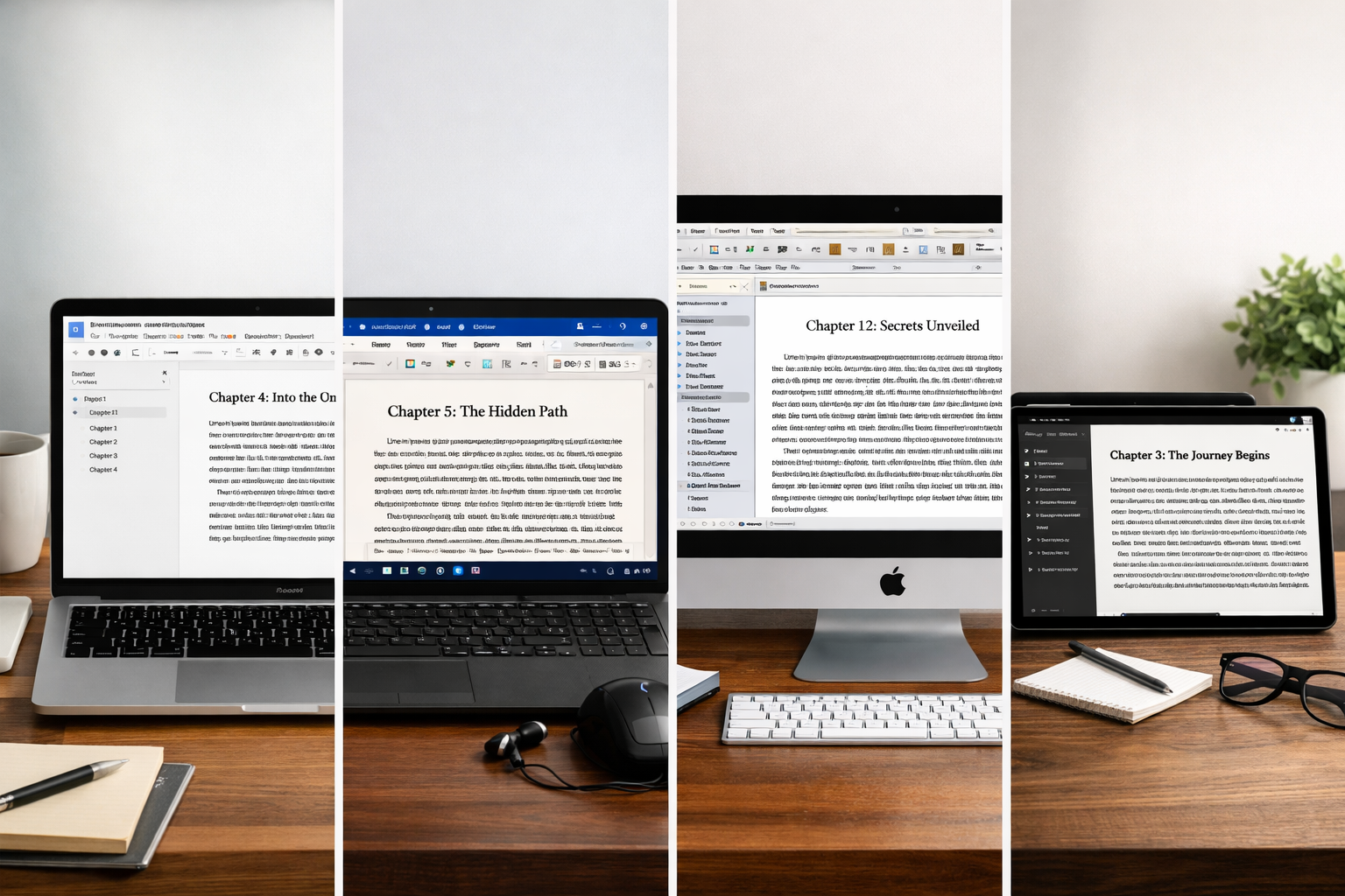 () image showing a split-screen comparison of popular online writing platforms including Google Docs, Microsoft Word Online,