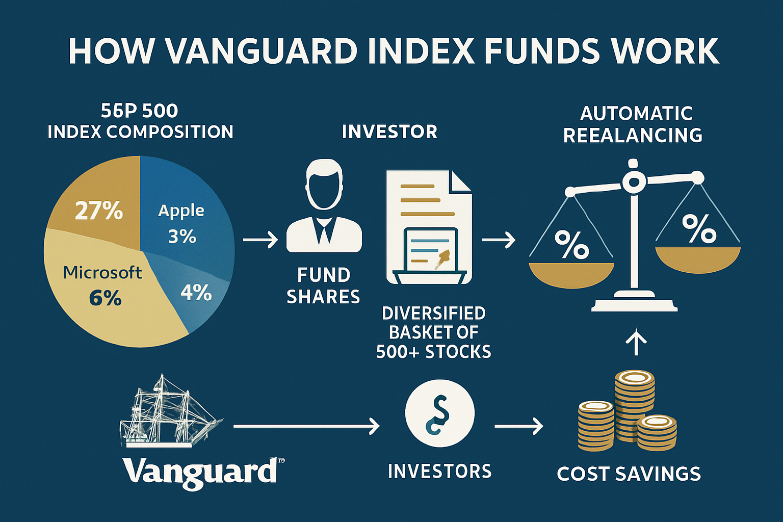 Detailed infographic illustration (1536x1024) showing 'How Vanguard Index Funds Work' with three connected panels: left panel displays S&P 5