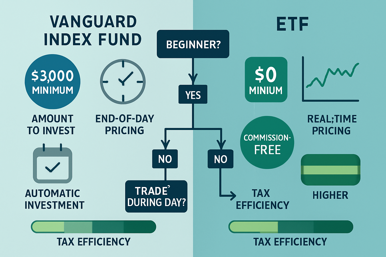 Split-screen educational illustration (1536x1024) comparing 'Vanguard Index Fund vs ETF Structure' with left side showing mutual fund charac