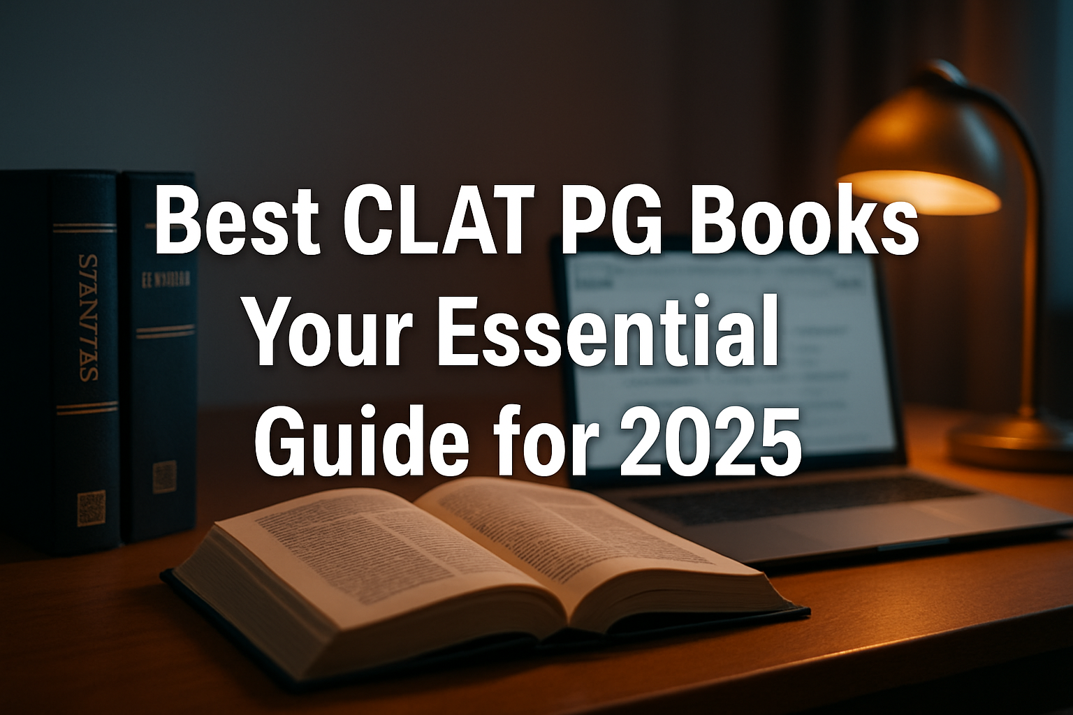 Professional landscape hero image (1536x1024) with bold text overlay: 'Best CLAT PG Books: Your Essential Guide for 2025', modern sans-serif