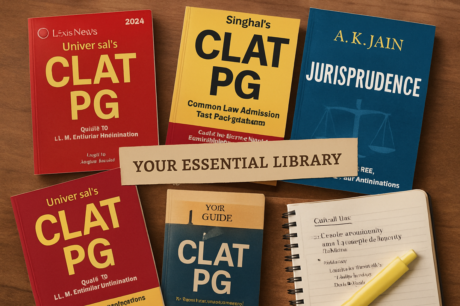 A visually engaging collage of the covers of the most recommended CLAT PG Books, presented as if arranged on a well-used study desk alongsid