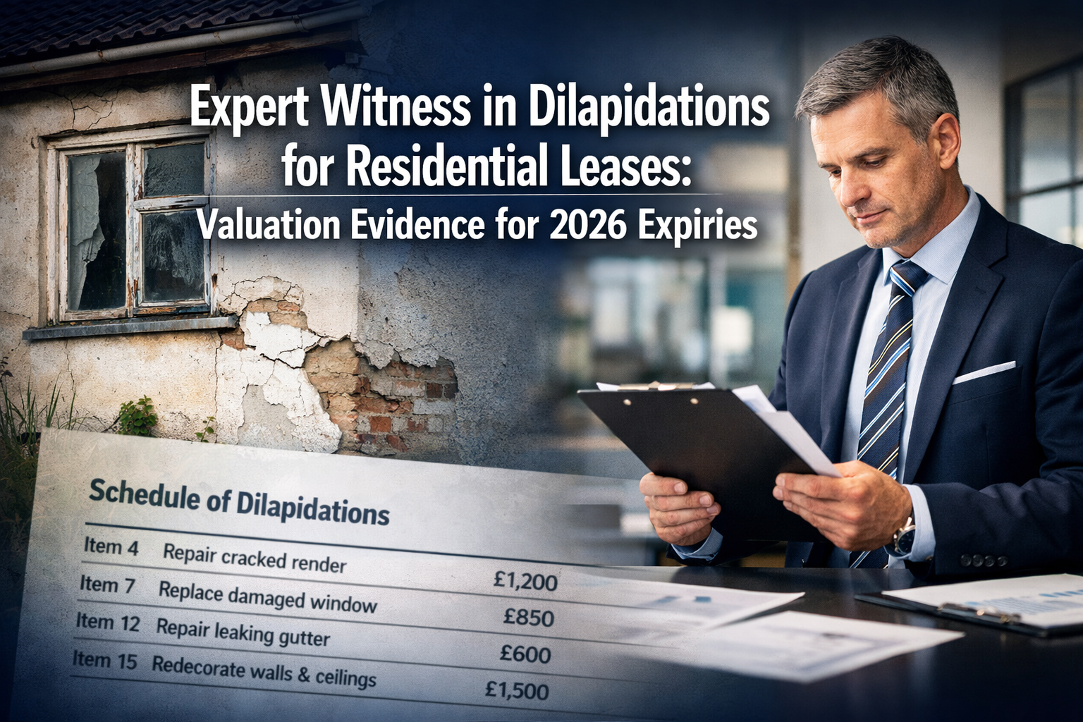 Professional () hero image featuring 'Expert Witness in Dilapidations for Residential Leases: Valuation Evidence for 2026