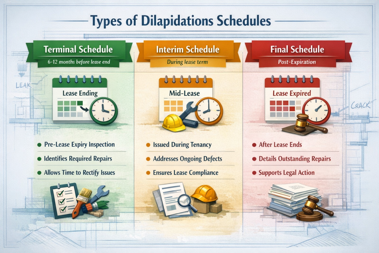 () detailed illustration showing three-column comparison chart titled 'Types of Dilapidations Schedules' with distinct
