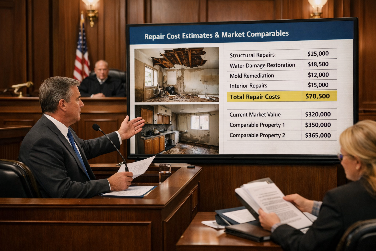 () professional courtroom scene showing expert witness stand in foreground with chartered surveyor presenting valuation