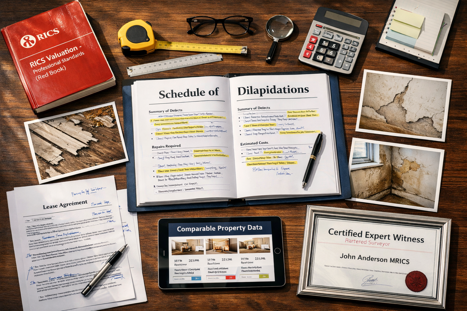 () overhead flat-lay composition showing comprehensive expert witness evidence preparation workspace. Central focus on open