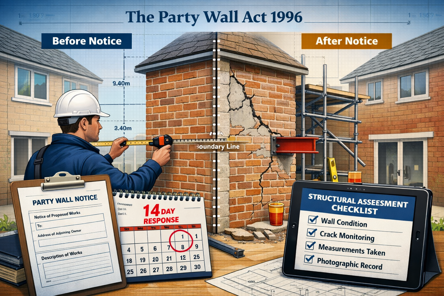 () detailed illustration showing Party Wall Act 1996 documentation process with surveyor conducting property inspection at
