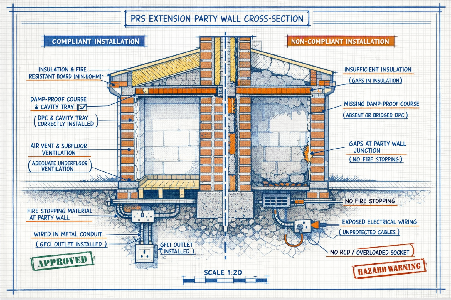 () detailed cross-sectional architectural diagram showing structural hazard mitigation strategies in PRS extension party