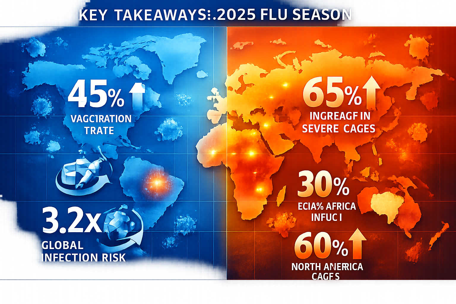 Key Takeaways section infographic: Split-screen editorial visualization featuring stylized world map with flu transmission heat zones, overl