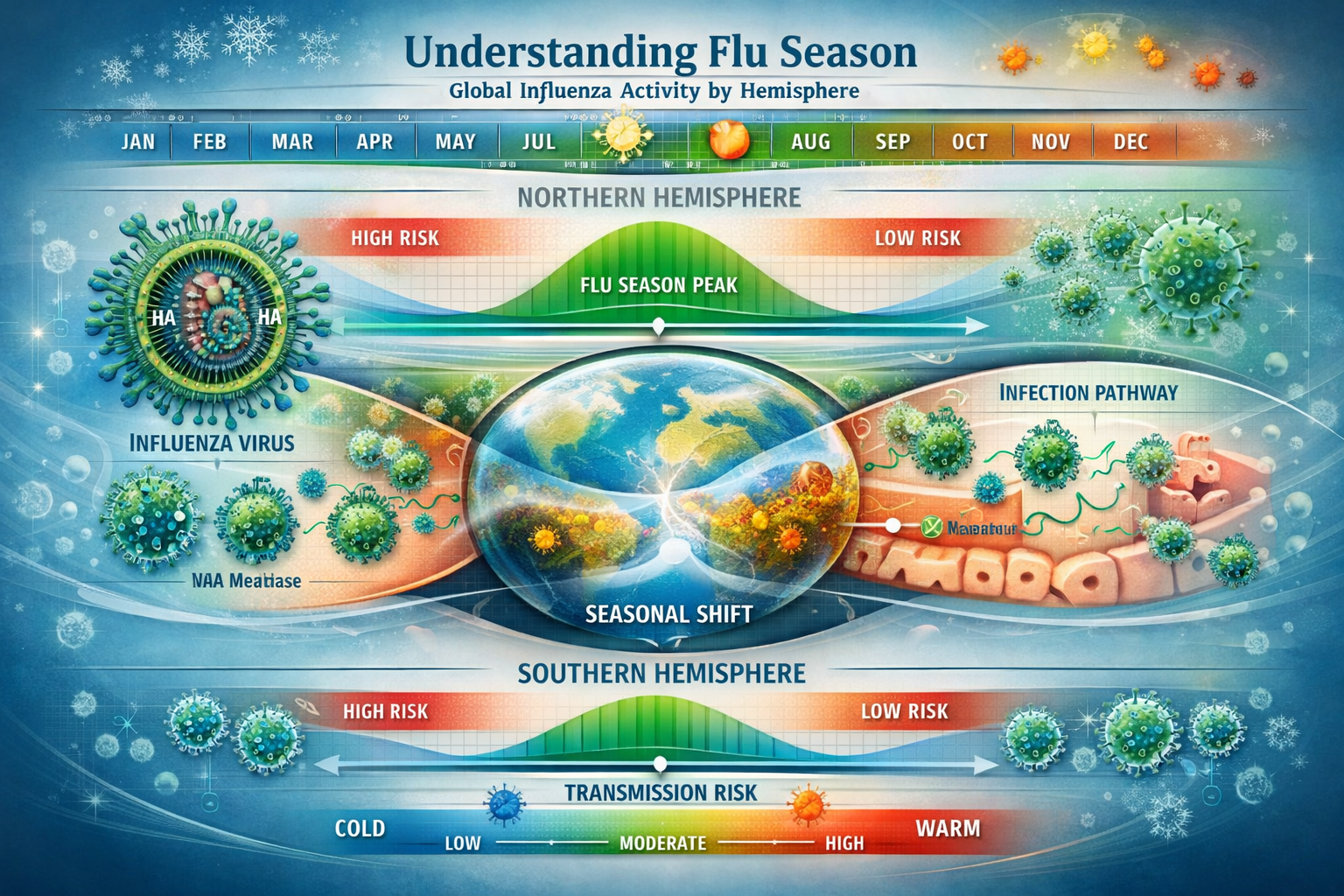 Understanding Flu Season section comprehensive timeline visualization: Intricate medical-scientific illustration showing seasonal flu progre