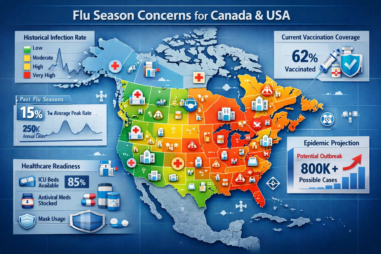 Flu Season Concerns for Canada and USA: Detailed infographic map of North American continent with color-coded regional flu intensity indicat
