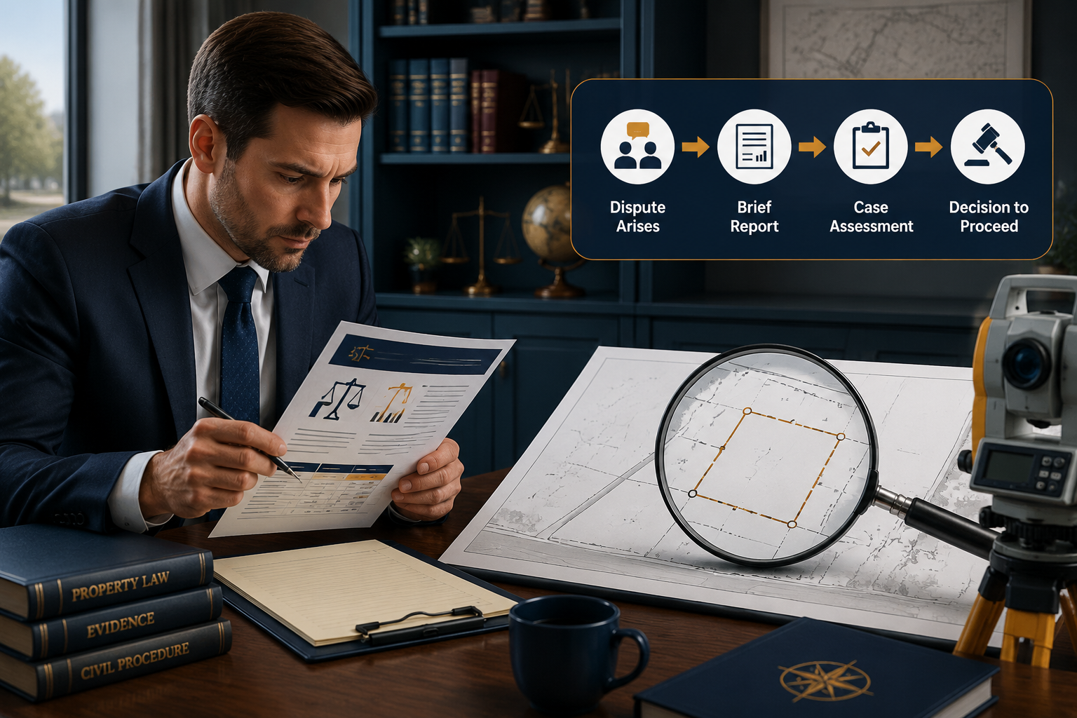 Detailed () illustration showing a cost-benefit analysis concept for pre-litigation assessment: a professional male surveyor