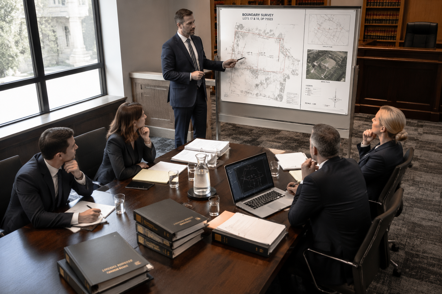 Detailed () courtroom-adjacent scene showing a professional expert witness surveyor standing at a presentation board