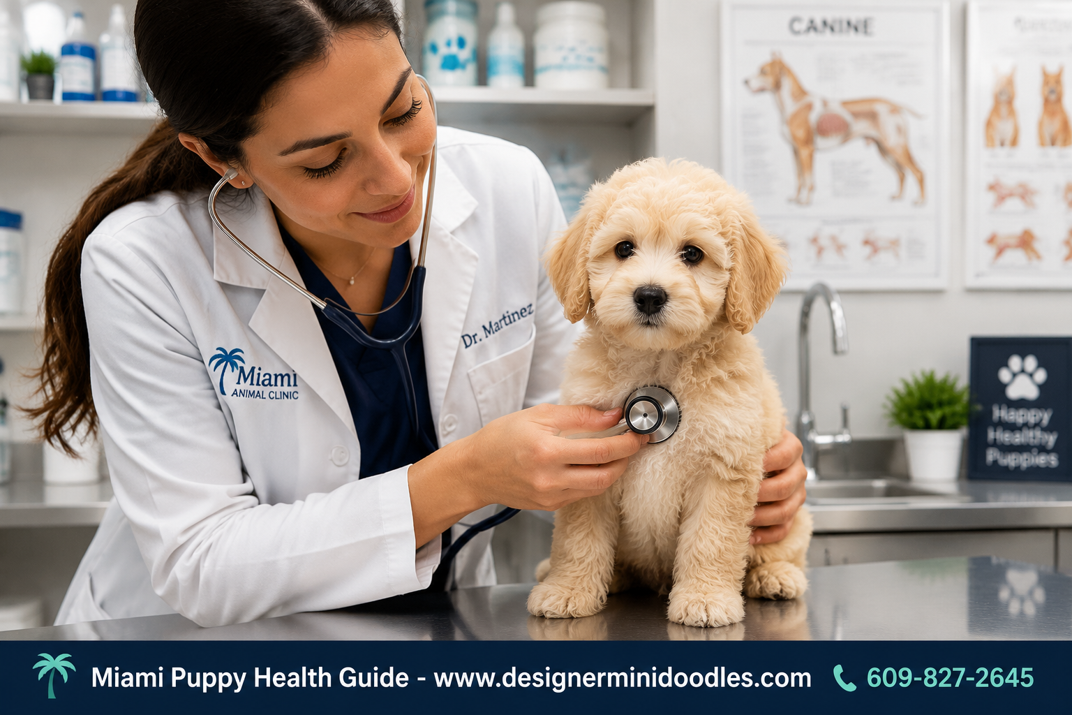 () close-up photo of a veterinarian in a modern bright clinic gently examining a tiny cream mini doodle puppy on a stainless