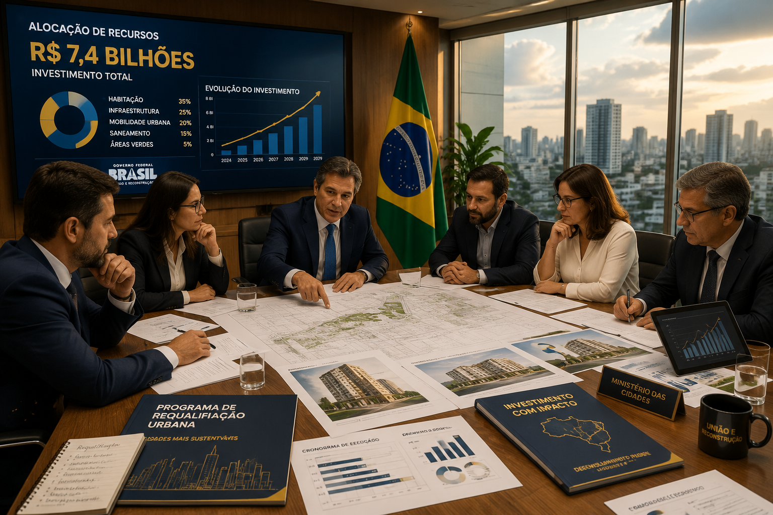 Wide-angle editorial photograph of Brazilian government officials and urban developers reviewing architectural blueprints at